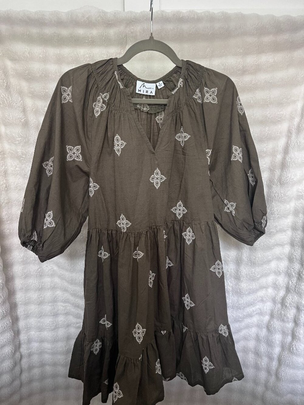 Mira Olive Green Embroidered Tiered Babydoll Mini Dress - Small